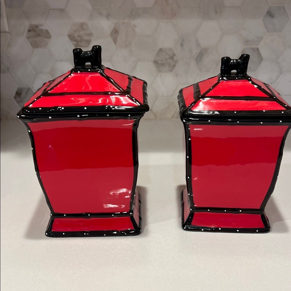 Vintage Casa Vero red and black white polkadot trim, ceramic canister set of 2.